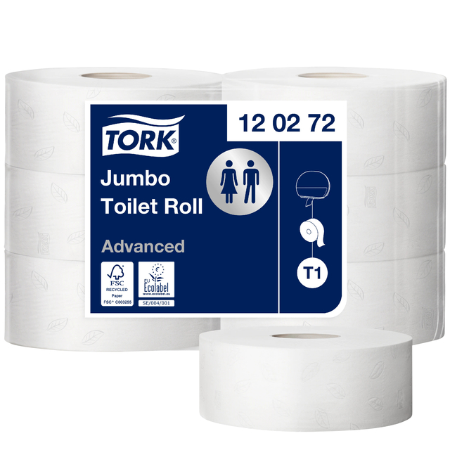 Toiletpapier Tork T1 Advanced jumbo 2-laags 360m wit 120272 Toiletpapier Tork T1 Advanced jumbo 2-laags 360m wit 120272