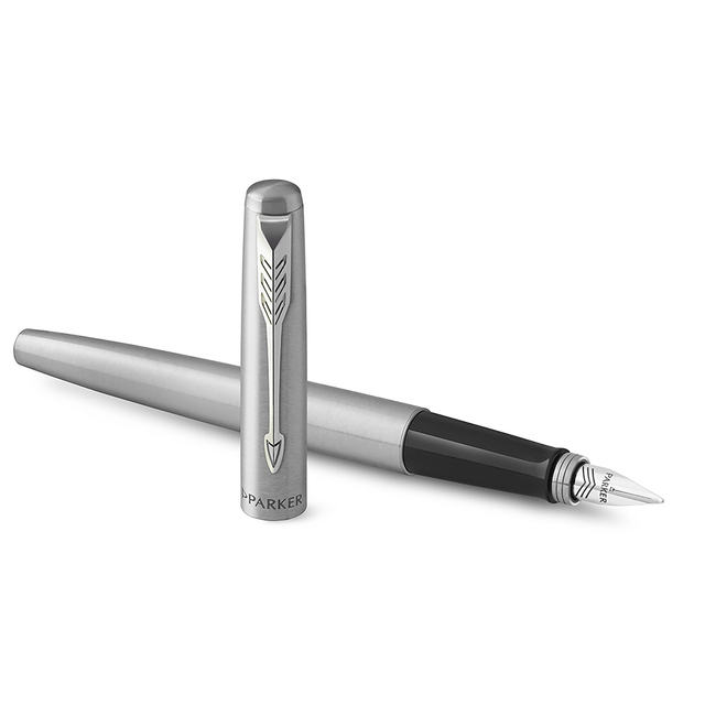 ballpoint pen, metal pen, silver, fountain nib, drawn arrow design