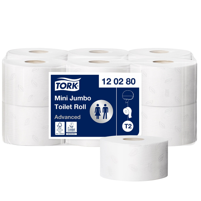 Toiletpapier Tork T2 Advanced jumbo klein 2-laags 170m wit 120280 Toiletpapier Tork T2 Advanced jumbo klein 2-laags 170m wit 120280