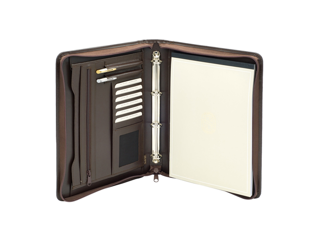 Schrijfmap van der Spek A4 4-rings 25mm O-mechaniek + rits leer met nerf bruin Schrijfmap van der Spek A4 4-rings 25mm O-mechaniek + rits leer met nerf bruin