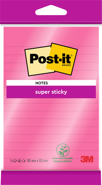 Memoblok 3M Post-it 4645 Super Sticky 101x152mm lijn roze Memoblok 3M Post-it 4645 Super Sticky 101x152mm lijn roze