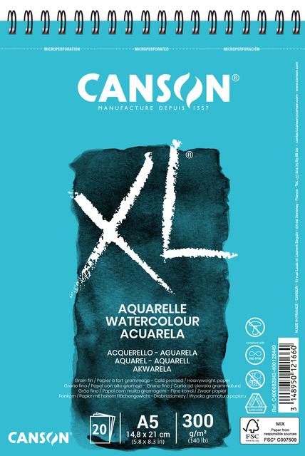 Aquarelblok Canson XL Aquarelle A5 20V 300gr spiraal