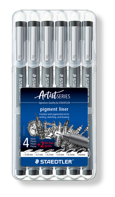 Fineliner Staedtler Pigment 308 zwart set 4+2 gratis