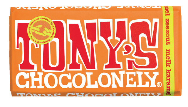 Chocolade Tony's Chocolonely melk karamel zeezout reep 180gr Chocolade Tony's Chocolonely melk karamel zeezout reep 180gr
