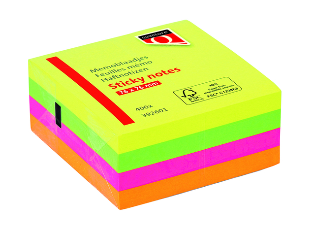 Memoblok Quantore 76x76mm neon kleuren assorti 4 kleuren 400 vel Memoblok Quantore 76x76mm neon kleuren assorti 4 kleuren 400 vel
