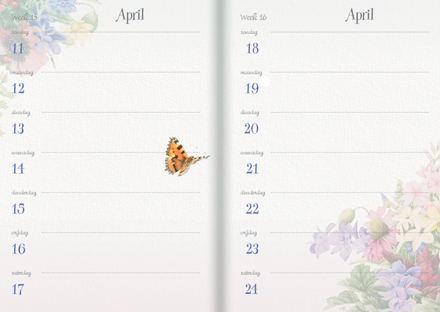 dagboek, planner, plantenafbeelding, vlinder, bloemen