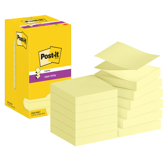 Memoblok Post-it Z-Note S330 Super Sticky 76x76mm geel 12 stuks Memoblok Post-it Z-Note S330 Super Sticky 76x76mm geel 12 stuks