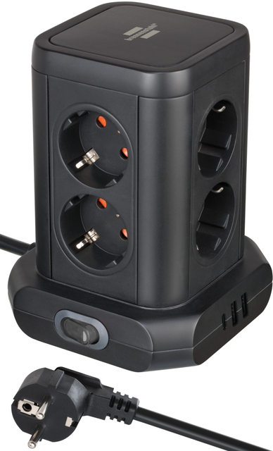 Stekkerdoos Brennenstuhl toren 8 voudig met 2x USB A 1x USB C PD zwart Stekkerdoos Brennenstuhl toren 8 voudig met 2x USB A 1x USB C PD zwart