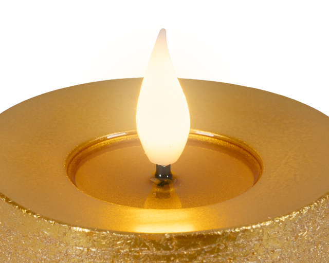 led-kaarslamp, goudkleurige kaarsenhouder, vlamvormige lamp, ronde houder, glitterafwerking