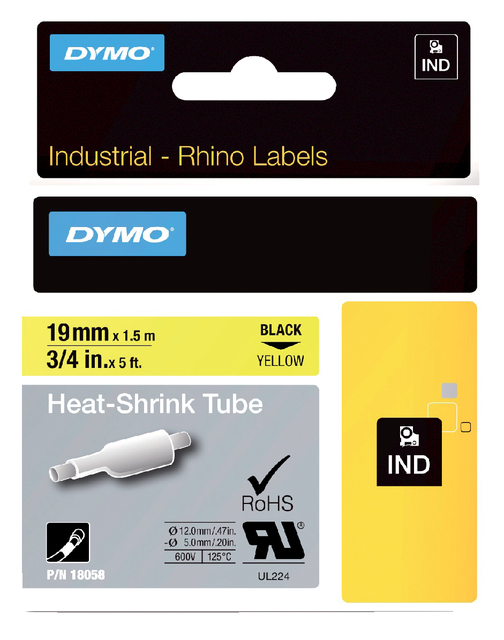 Labeltape Dymo Rhino industrieel krimpkous 19mm zwart op geel Labeltape Dymo Rhino industrieel krimpkous 19mm zwart op geel