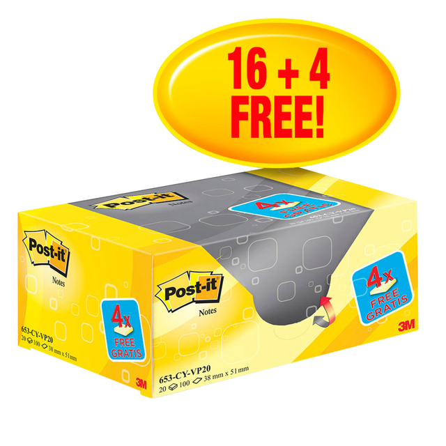 Memoblok 3M Post-it 653 38x51mm geel 16 + 4 gratis Memoblok 3M Post-it 653 38x51mm geel 16 + 4 gratis