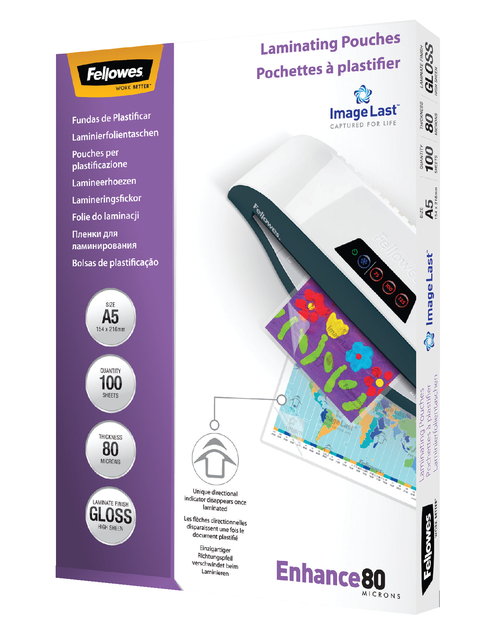 Lamineerhoes Fellowes A5 2x80micron glans 100 stuks Lamineerhoes Fellowes A5 2x80micron glans 100 stuks