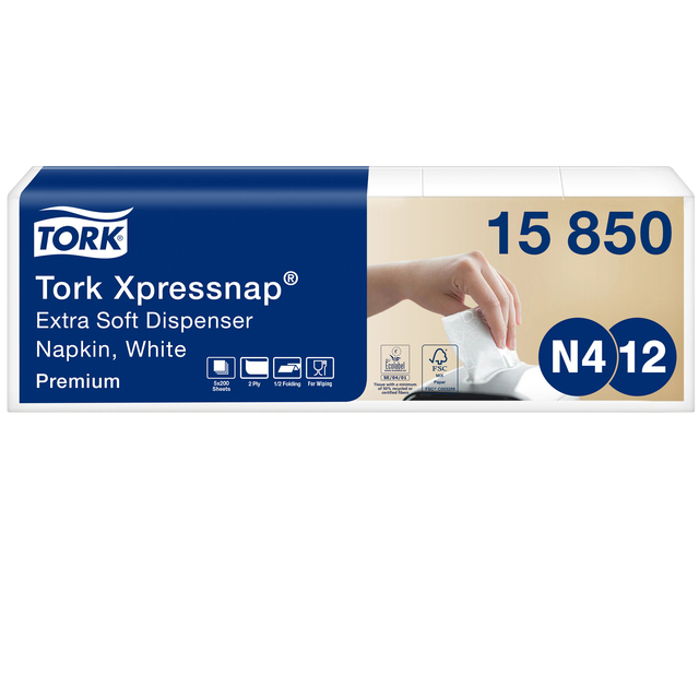 Servet Tork N4 Xpressnap Premium 1/2 vouw 2-laags 213x165mm 1000 vel wit 15850 Servet Tork N4 Xpressnap Premium 1/2 vouw 2-laags 213x165mm 1000 vel wit 15850