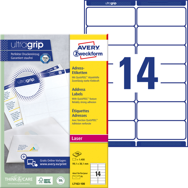 Etiket Avery L7163 99.1x38.1mm wit 1400stuks