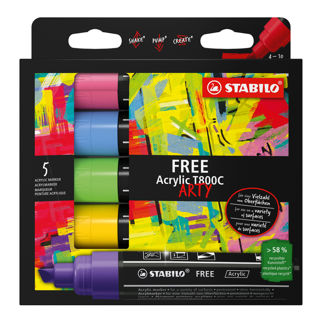 Acrylmarker STABILO  Free Acrylic T800C Seaside assorti 5 stuks Acrylmarker STABILO  Free Acrylic T800C Seaside assorti 5 stuks