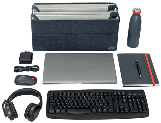 laptop, keyboard, headphones, water bottle, storage bag