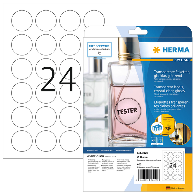 Etiket HERMA 8023 40mm rond transparant 600 etiketten Etiket HERMA 8023 40mm rond transparant 600 etiketten