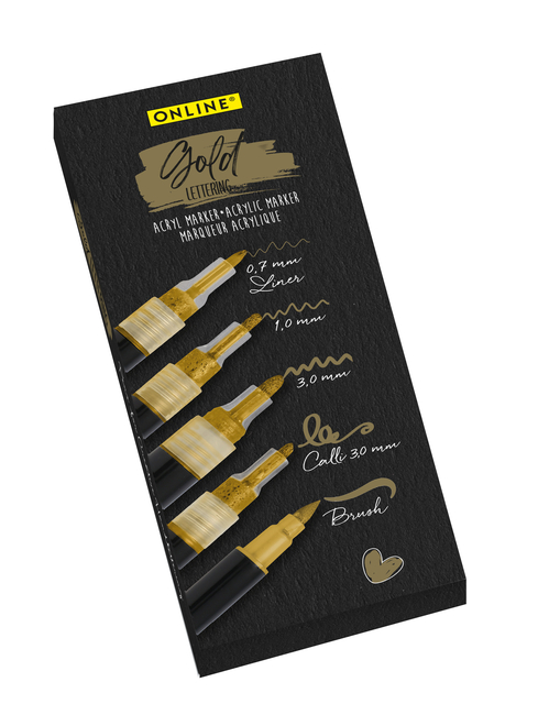Acrylmarker Online lettering 5 breedtes goud Acrylmarker Online lettering 5 breedtes goud