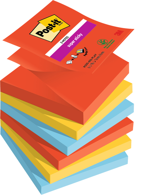 Memoblok Post-it Z-Notes R330 Super Sticky 76x76mm Playful 6 stuks Memoblok Post-it Z-Notes R330 Super Sticky 76x76mm Playful 6 stuks