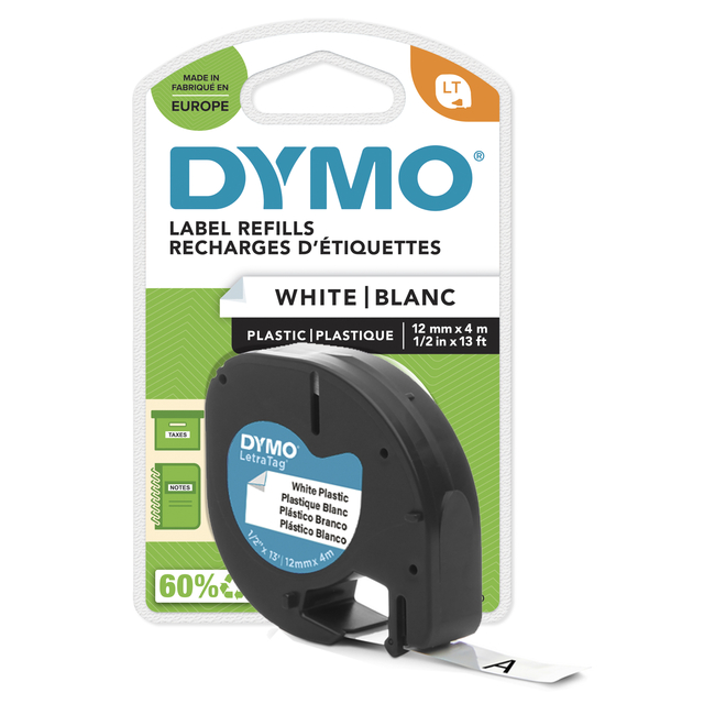 Labeltape Dymo LetraTag plastic 12mm zwart op wit Labeltape Dymo LetraTag plastic 12mm zwart op wit