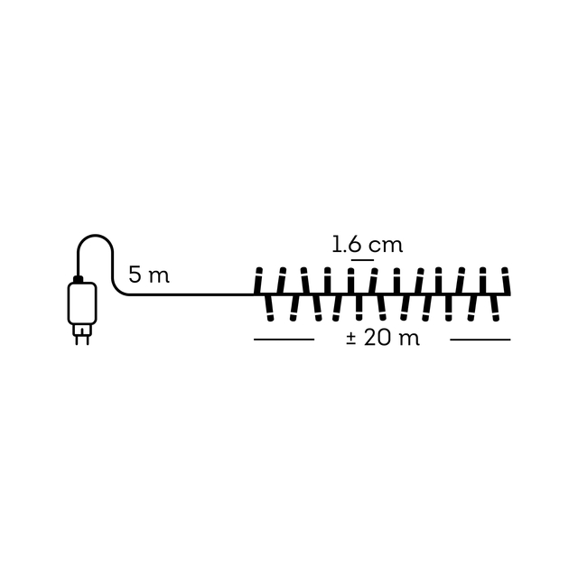 lichtsnoer, lampjes, 5 meter aansluitkabel, 20 meter lengte, lampafstand 1,6 cm