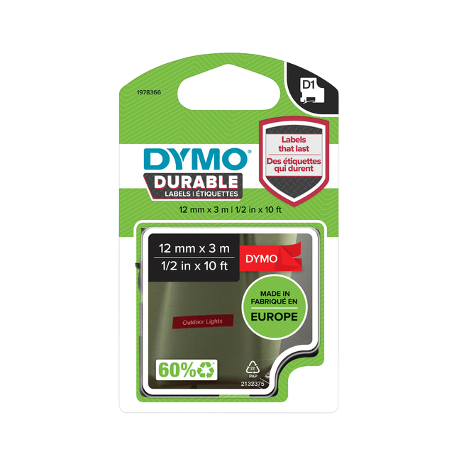 Labeltape Dymo LabelManager D1 polyester 12mm wit op rood Labeltape Dymo LabelManager D1 polyester 12mm wit op rood