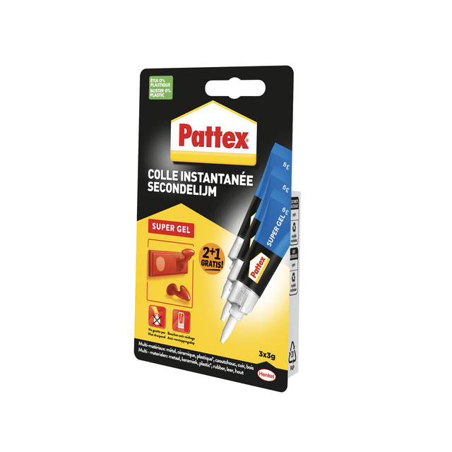 Secondelijm Pattex super gel 3 gram blister 2+1 gratis