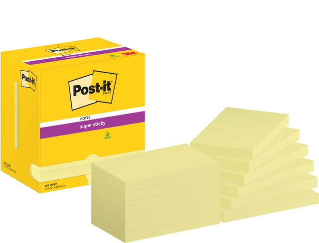 Memoblok Post-it 655 Super Sticky 76x127mm Canary yellow 12 stuks Memoblok Post-it 655 Super Sticky 76x127mm Canary yellow 12 stuks