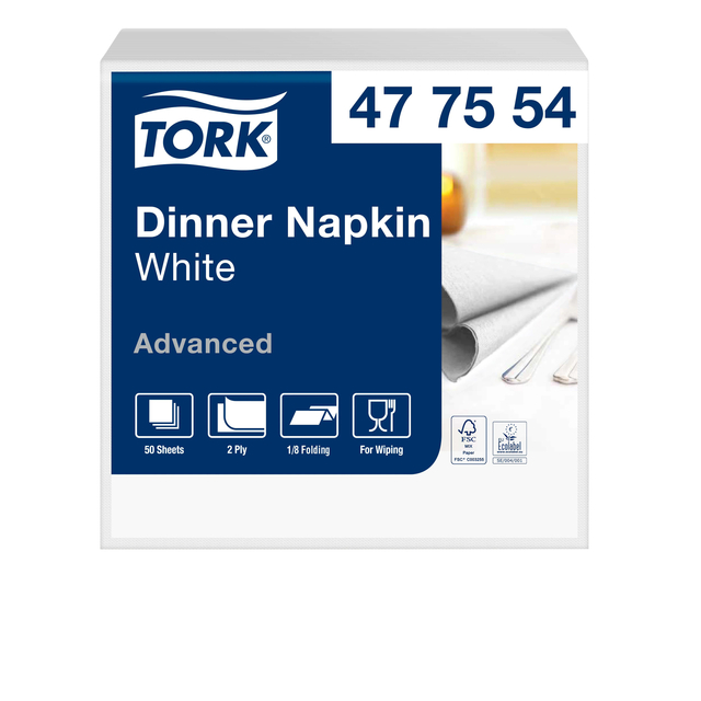 Dinerservet Tork Advanced 1/8 vouw 2-laags 395x390mm 150 vel wit 477554 Dinerservet Tork Advanced 1/8 vouw 2-laags 395x390mm 150 vel wit 477554