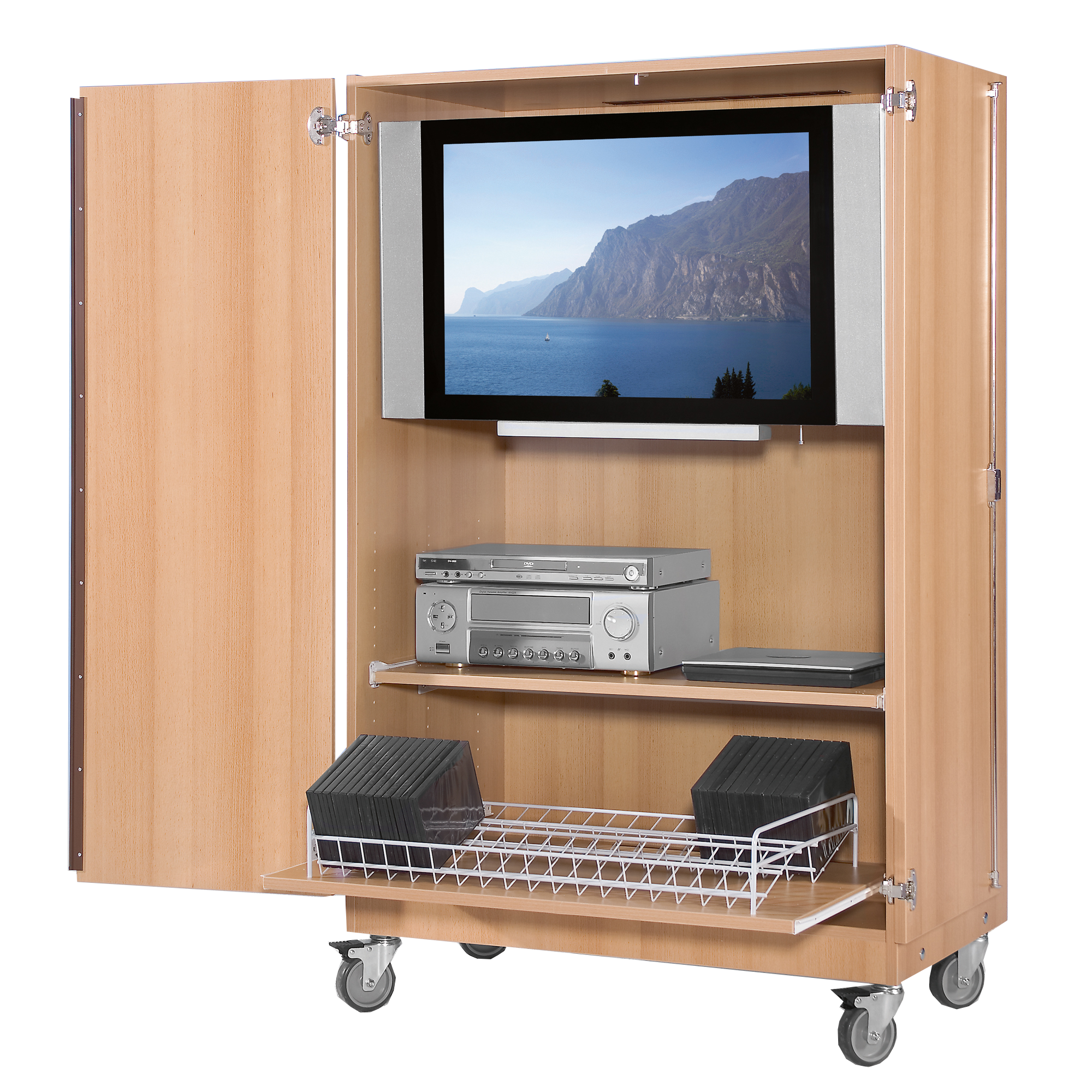 Tweedeurs tv-trolley met houder voor flatscreens, verrijdbaar Tweedeurs tv-trolley met houder voor flatscreens, verrijdbaar