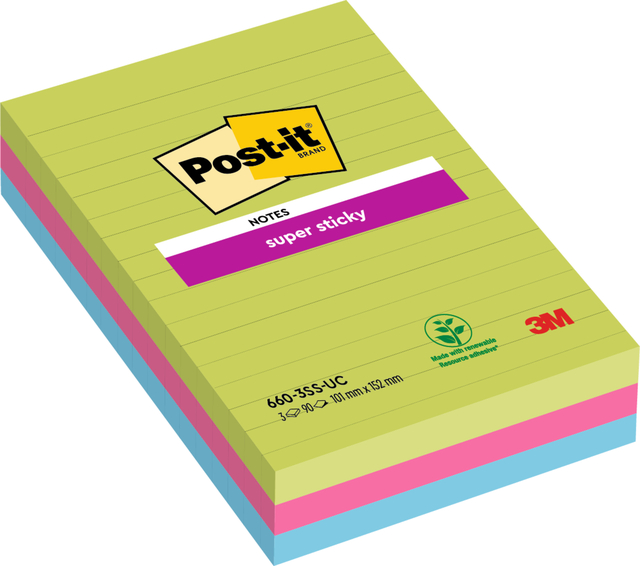 Memoblok Post-it 660 Super Sticky 102x152mm lijn rainbow 3 stuks Memoblok Post-it 660 Super Sticky 102x152mm lijn rainbow 3 stuks
