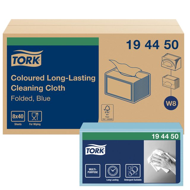 Reinigingsdoek Tork W8 Premium 1-laags 8x40 vel blauw 194450