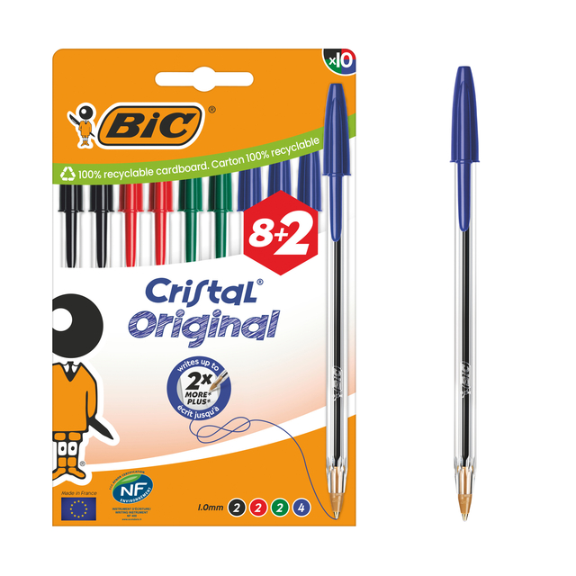 Balpen Bic Cristal medium assorti blister à 8+2 gratis