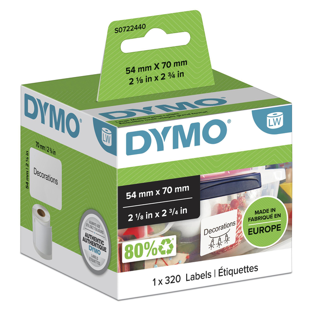 Etiket Dymo LabelWriter multifunctioneel 54x70mm 1 rol á 320 stuks wit Etiket Dymo LabelWriter multifunctioneel 54x70mm 1 rol á 320 stuks wit