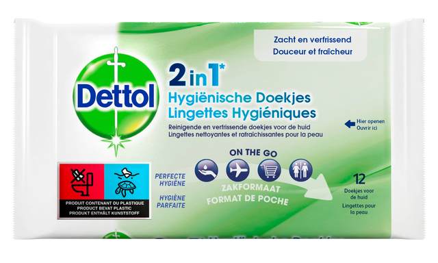 Hygiënische verfrissingsdoekjes Dettol Wipes 2-in-1 12st Hygiënische verfrissingsdoekjes Dettol Wipes 2-in-1 12st