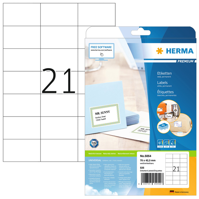 Etiket HERMA 5054 70x42.3mm premium wit 525stuks Etiket HERMA 5054 70x42.3mm premium wit 525stuks