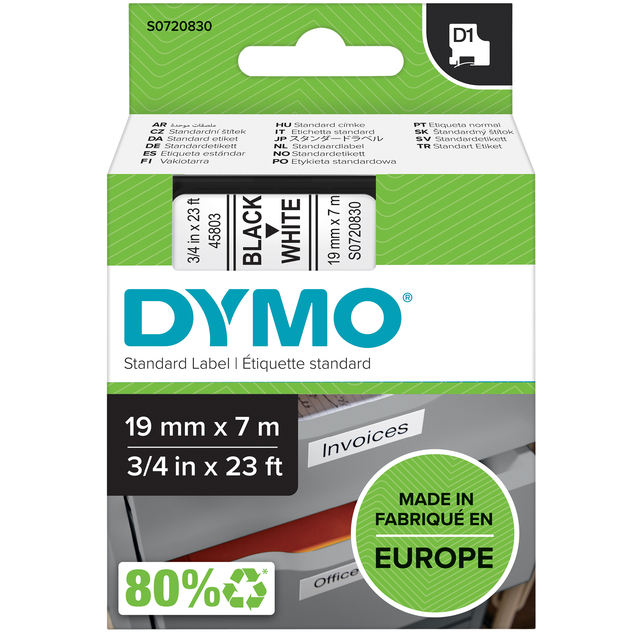 Labeltape Dymo LabelManager D1 polyester 19mmx7m zwart op wit Labeltape Dymo LabelManager D1 polyester 19mmx7m zwart op wit