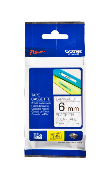 Labeltape Brother P-touch TZe-111 standaard 6mm zwart op transparant Labeltape Brother P-touch TZe-111 standaard 6mm zwart op transparant