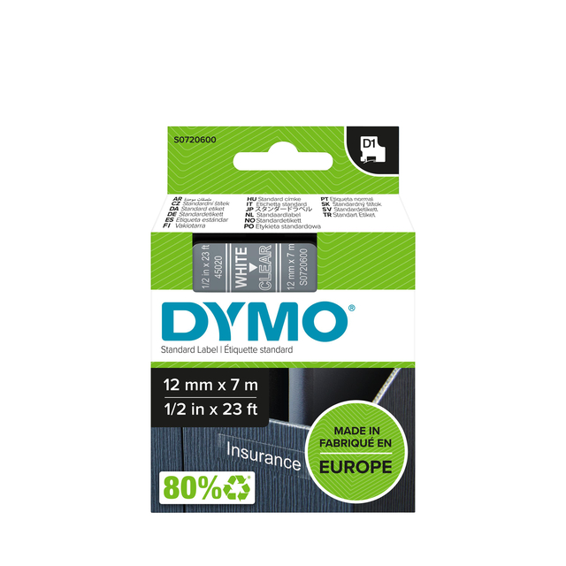 Labeltape Dymo LabelManager D1 polyester 12mm wit op transparant Labeltape Dymo LabelManager D1 polyester 12mm wit op transparant