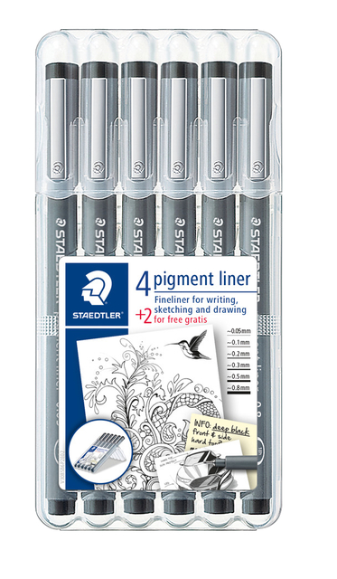 Fineliner Staedtler Pigment 308 zwart set 4+2 gratis Fineliner Staedtler Pigment 308 zwart set 4+2 gratis