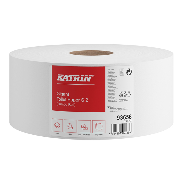 Toiletpapier Katrin Gigant S jumbo klein 2-laags 150m wit 93656 Toiletpapier Katrin Gigant S jumbo klein 2-laags 150m wit 93656