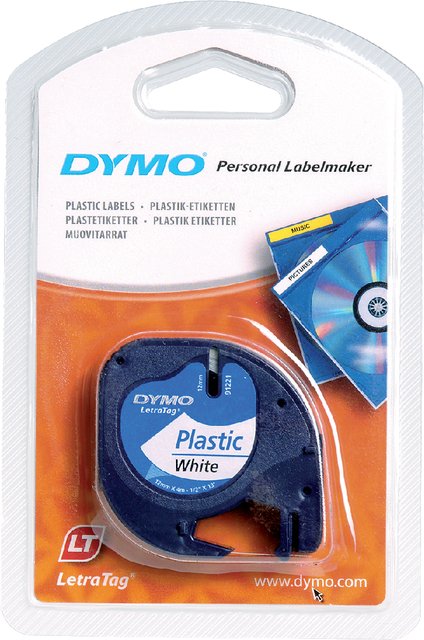 Labeltape Dymo LetraTag plastic 12mm zwart op wit Labeltape Dymo LetraTag plastic 12mm zwart op wit