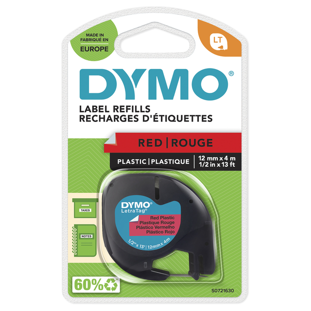 Labeltape Dymo LetraTag plastic 12mm zwart op rood Labeltape Dymo LetraTag plastic 12mm zwart op rood