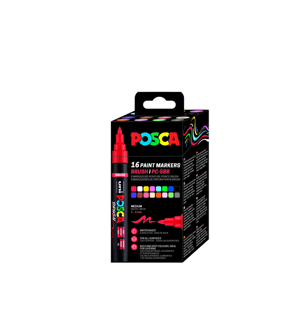 verfmarkers, kwast, 16 kleuren, watergedragen, medium punt