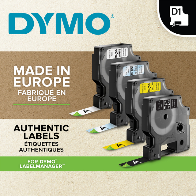 Labeltape Dymo LabelManager D1 polyester 12mm zwart op groen Labeltape Dymo LabelManager D1 polyester 12mm zwart op groen