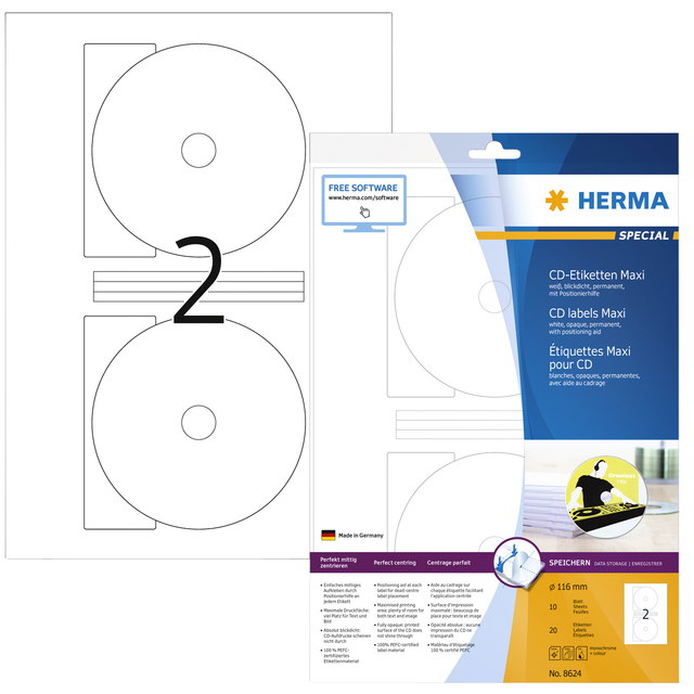 Etiket HERMA 8624 CD 116mm wit opaqua 20stuks Etiket HERMA 8624 CD 116mm wit opaqua 20stuks