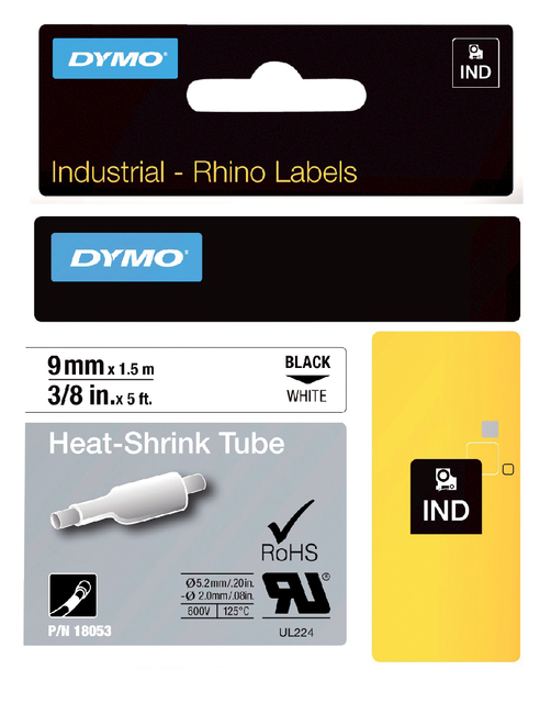Labeltape Dymo Rhino industrieel krimpkous 9mm zwart op wit Labeltape Dymo Rhino industrieel krimpkous 9mm zwart op wit