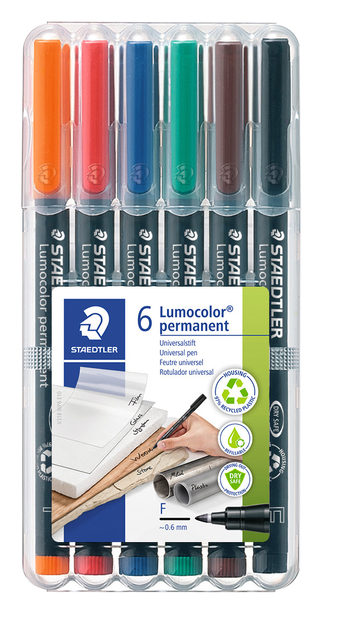 Viltstift Staedtler Lumocolor 318 permanent F set à 6 stuks assorti Viltstift Staedtler Lumocolor 318 permanent F set à 6 stuks assorti