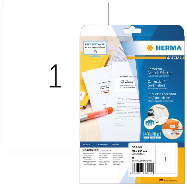 Etiket HERMA 4230 210x297mm A4 correctie wit 25 stuks