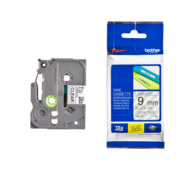 Labeltape Brother P-touch TZe-121 standaard 9mm zwart op transparant